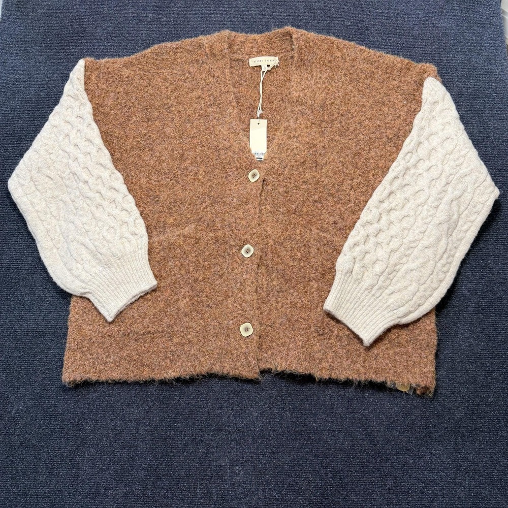 Gilded Intent Cardigan Sweater Womens Large V Neck Cable-Knit Balloon Sleeve